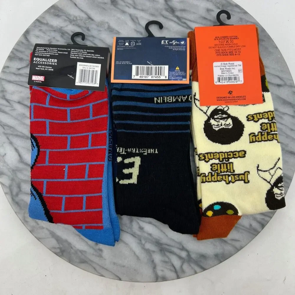 Spiderman, E.T. Movie, Bob Ross Crew Socks Men OSFM One Size Fits Most 3 Pairs
